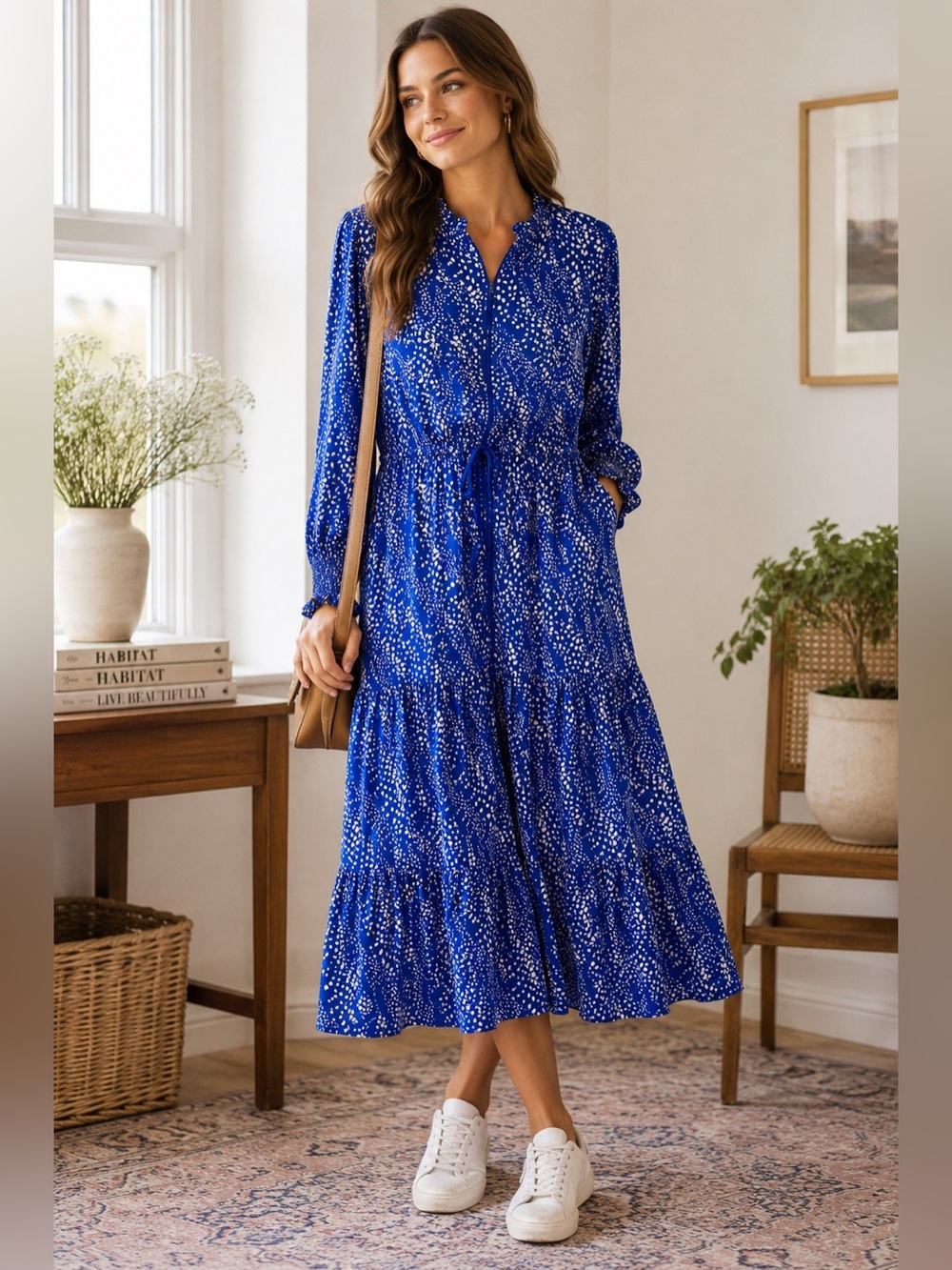 Saint + Sophia Blue Printed Tiered Front Zip Tie Waist Ruffle Hem Midi Dress 10